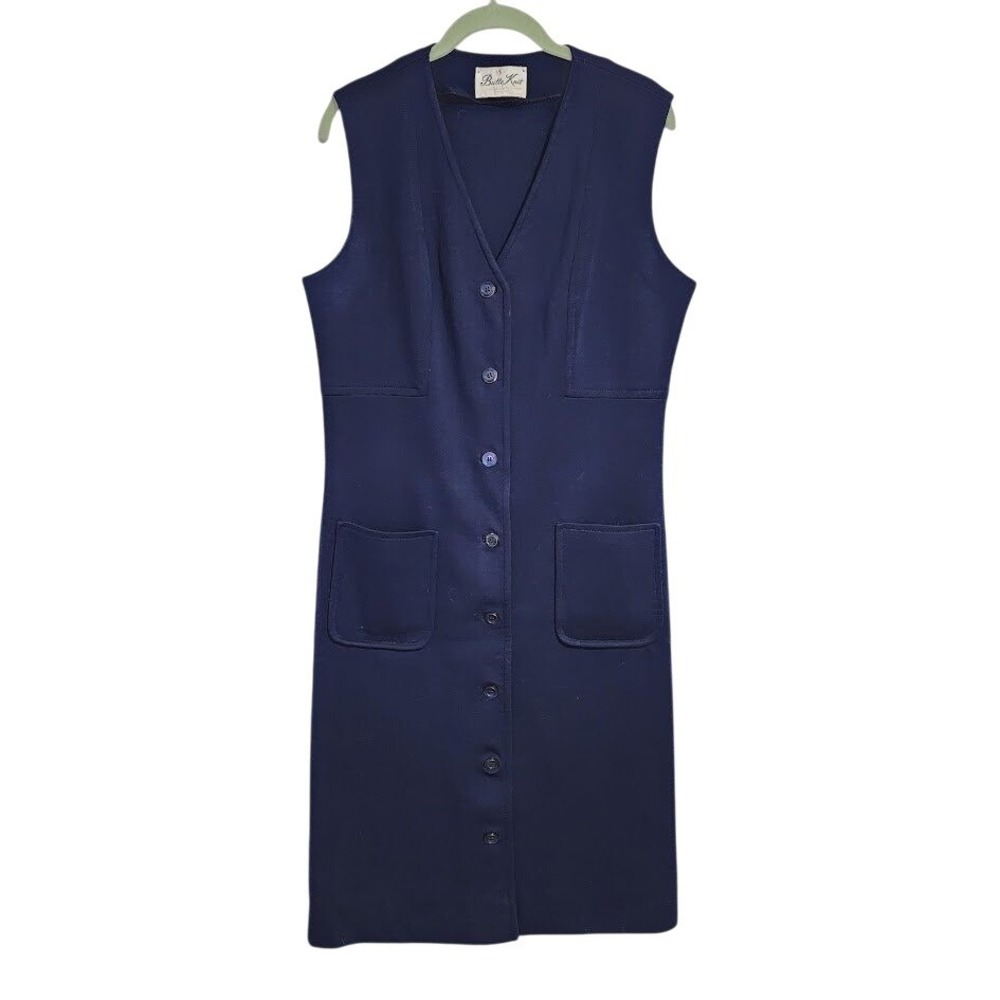 BUTTE KNIT Vintage 60s‎ Wool Blend Button Front Midi Dress Navy Academia